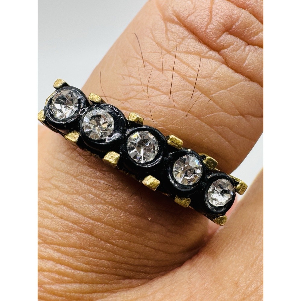 Vintage Gold Tone Black Enamel Clear Rhinestone Band Ring Size 9 Costume